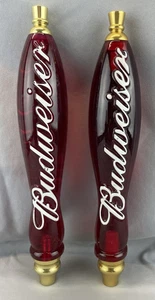 2 Acrylic Budweiser Beer Taps 11.75" Long Red W/ White Writing & Gold Tone Ends - Picture 1 of 9