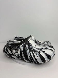 CROCS Iconic Comfort Clogs Women Sz 8 Black & White Marbled Strap Platform Shoes - Picture 1 of 11