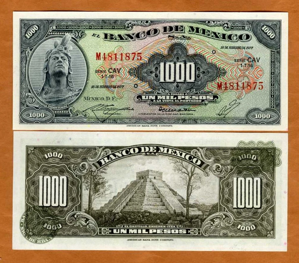 墨西哥,1000 比索,18 - 2 - 1977,P-52,CAV,UNC — 第 1/1 张图片