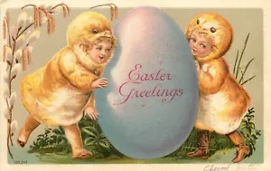 Embossed IPCC Easter Postcard; Children Dressed as Chicks w Huge Egg, Posted - Picture 1 of 2