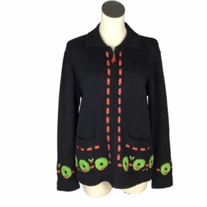 Christmas Holiday Sweater Womens L Black Zip Ribbon Beads Investments - Picture 1 of 8