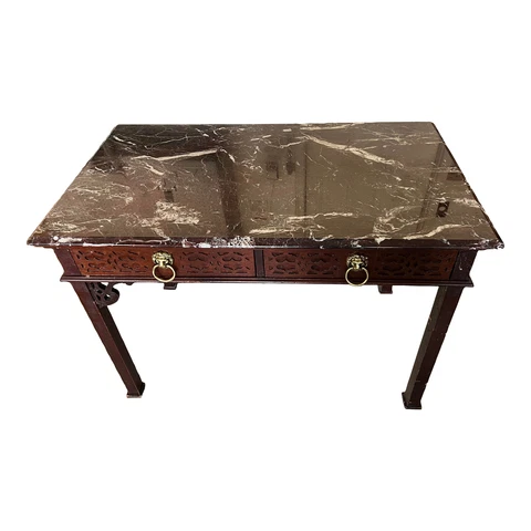 Fancher Furniture Red marble desk console table Vanity Chinoiserie Lion Heads Cover