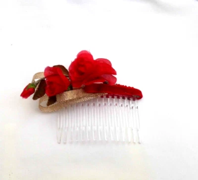 Red roses; red velvet and gold glittered ribbon loops, side comb Hair Accessory - Image 1 of 4