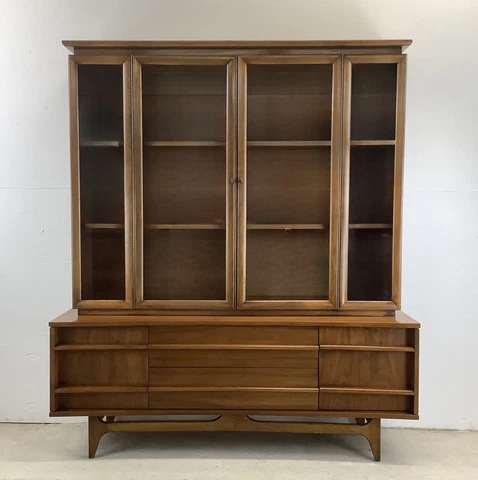 Young Manufacturing Curved Front Walnut Sideboard With China Cabinet Cover