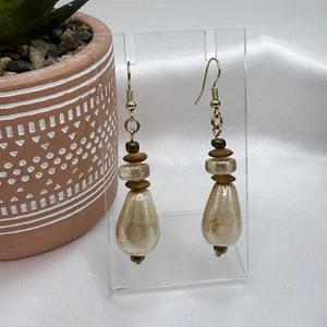 REIMAGINED Tones of Tan Iridescent Ceramic Dangling Earrings - A - Picture 1 of 5