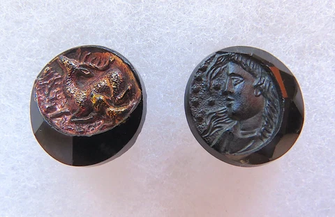 2 Antique Black Glass Victorian Pictorial Buttons - Crescents & Luster Dog/Stag Cover