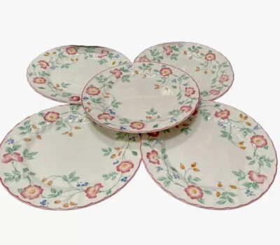 Churchill BRIAR ROSE Set of 5 Pink Rim Floral Scalloped 10" Dinner Plates - Image 1 of 4