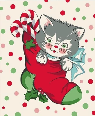 Urban Chiks "Kitty Christmas" Panel Kitten 38" x 44" & 1 Yard Matching Aqua Fabr - Image 1 of 3