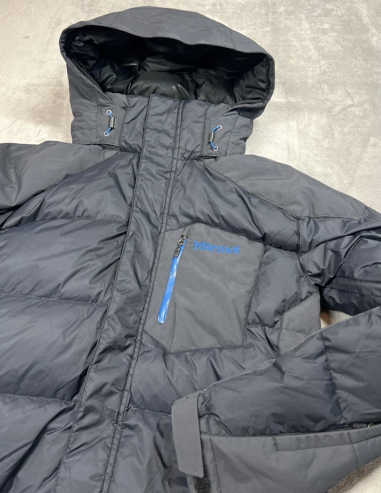 Marmot Down Jacket Men’s Small Black Hooded Ski Snowboard Blue Trim 650 Fill - Image 1 of 4