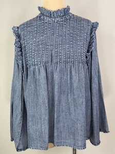 Anthropologie Ivy Jane Eyelet Ruffled Trim Denim Tencel Bell Sleeve Top L - Picture 1 of 6