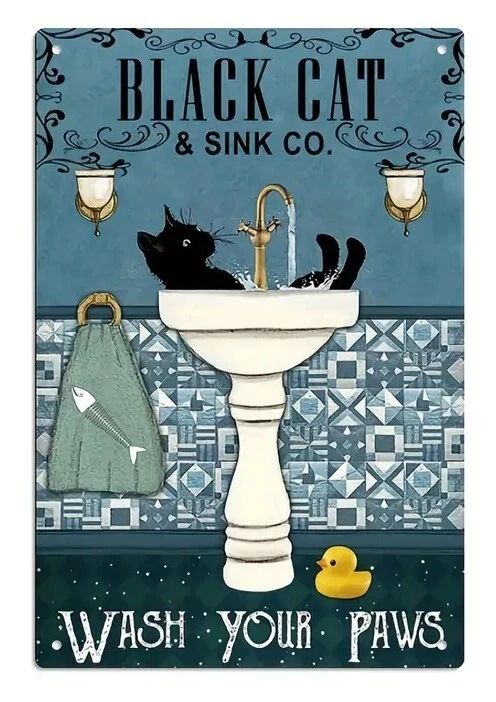 Letrero interior/exterior con temática de gato negro “Black Cat Sink Co; Wash Your Paws.” 28139 Foto 1 de 1