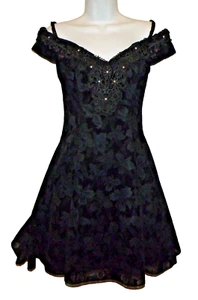 Vtg 80s ZUM ZUM cocktail fairy dress black jacquard petticoat rhinestone S 5/6 - Picture 1 of 13