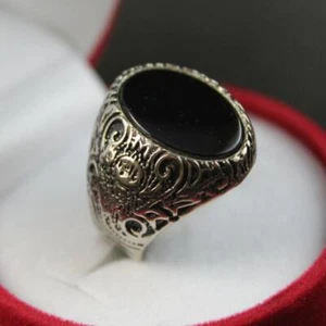 Natural Oval Shape Black Aqeeq Agate Carnelian Aqiq Mens Handmade Ring - Picture 1 of 10
