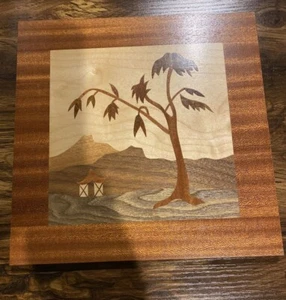 Quadro vintage intarsiato #08253 1960 DDR Mid-century Oriental Wood Inlay Wall art - Foto 1 di 5
