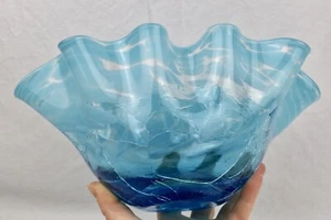 Ruffle Edge Handblown Crackle Art Glass Bowl Vase Confetti Aqua Blue Ocean Waves - Picture 1 of 11