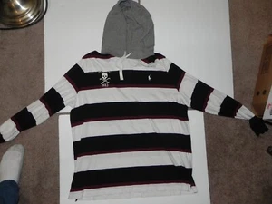 POLO RALPH LAUREN MENS XXL BLUE RED WHITE STRIPED COTTON HOODIE SKULL FC - Picture 1 of 7