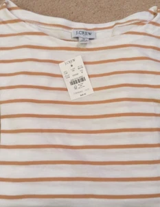 J Crew Factory Light Caramel & White Boatneck 3/4 Sleeve Tee Shirt SZ Med NWT - Picture 1 of 4