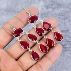 Pendientes hechos a mano de plata de ley 925 con piedras preciosas granate rojo regalo para ella - Imagen 1 de 4