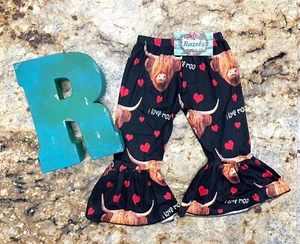 Highland Cow Pants, I love Moo, Cow Valentine's Pants, Cow Bell Bottoms - Picture 1 of 6