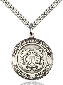 Men's Sterling Silver Coast Guard St Michael Military Catholic Medal Necklace - Picture 1 of 1