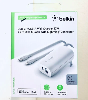 Belkin USB-C/A Fast Wall Charger 32w + 5ft USB-C Lighting Cable - MFi-Certified - Image 1 of 4