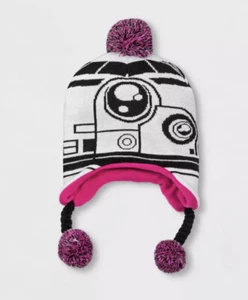 BB-8 Beanie Hat Girls Star Wars Laplander Black Pink Pom Pom Covers Ears Knit - Picture 1 of 11