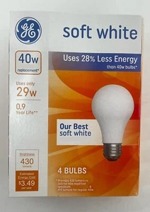 GE 40-WATT Light Bulbs A19 Soft White - Dimmable 390 L, 4pcs Old-school Bulbs - Picture 1 of 2