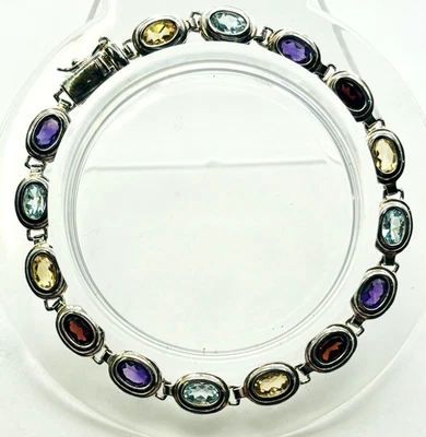 Brazalete de tenis de plata de ley 925 con bisel ovalado de múltiples piedras preciosas de 7,5" Foto 1 de 4