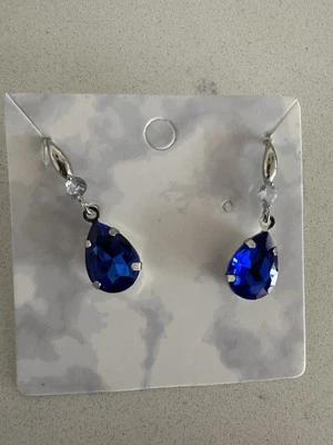 Sapphire Blue Crystal Teardrop Pear Shape Earrings, Elegant Formal Classic Hooks - image 1 of 4
