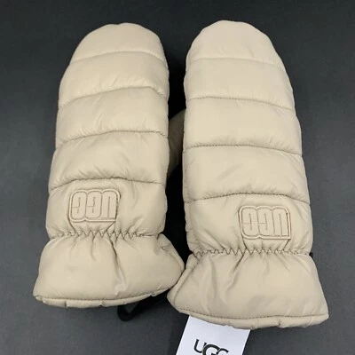 UGG WOMENS PUFF YEAH ALL WEATHER MITTENS SIZE S/M PUTTY (TAUPE) NYLON FAUX FUR - Image 1 of 4