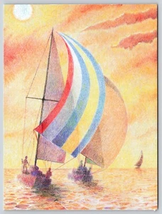 Tarjeta de felicitación velero al atardecer arte padres columbanos en blanco con sobre - Imagen 1 de 2