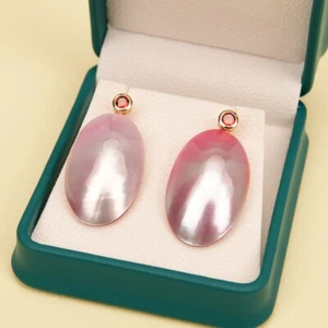 Natural Pink Sea Shell Oval Shape Mother Of Pearl Red CZ Crystal Dangle Earrings - Picture 1 of 8
