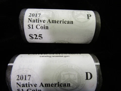 Two US Mint rolls Native American Dollars 2017-P & D (50 Sacagawea Coins ) Cover