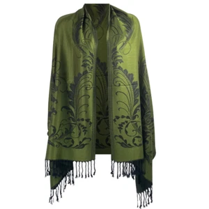 Smaragdgrünes Pashmina Tuch mit dunkelgrünen Blumendetails - zeitlose Fransen - Bild 1 von 6