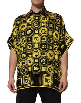 Camiseta para hombre Dolce & Gabbana amarilla seda plateada logotipo DG geométrica auténtica Foto 1 de 4