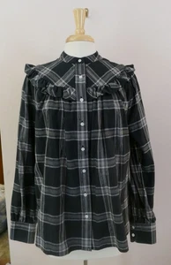 Brooks Brothers 14 schwarz Flanell kariert Knopfleiste Bluse Rüschenpasse - Bild 1 von 7
