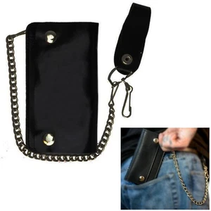 1 X Black Genuine Leather Men Wallet Bifold Metal Chain Biker Trucker Motorcycle - Picture 1 of 1