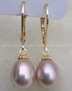 AAA Perfect 9-10mm Genuine Natural South Sea Purple Pearl Earring 14K YellowGold - Picture 1 of 6