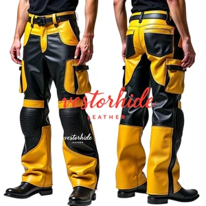 Herren gelb schwarz Lederhose Biker Stil echtes Lammfell Rock Punk Hose - Bild 1 von 2
