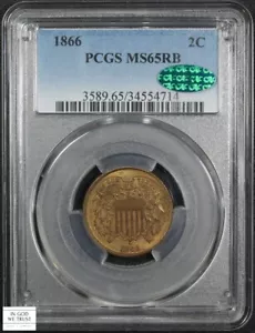 1866 Copper Two Cent Piece 2C PCGS MS 65 RB Red-Brown CAC - Picture 1 of 5