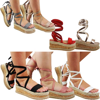 WOMENS LADIES FLAT MID WEDGE PLATFORM ESPADRILLES ANKLE TIE SUMMER SANDALS SIZE