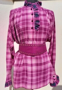 FONTANA alta moda camicia seta quadri rosa fuxia viola blu vintage 70 silk shirt - Foto 1 di 10