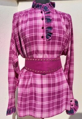 FONTANA alta moda camicia seta quadri rosa fuxia viola blu vintage 70 silk shirt - Immagine 1 di 4