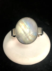 Natural Oval Rainbow Moonstone 925 Sterling Silver Ring Modernist Ring Size 8 - Picture 1 of 12