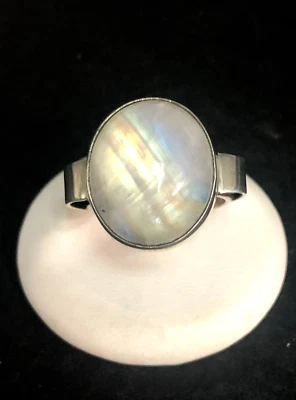 Natural Oval Rainbow Moonstone 925 Sterling Silver Ring Modernist Ring Size 8 - Image 1 of 4