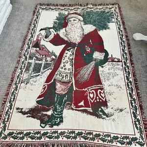 VTG Santa Tapestry Throw Christmas Tree Holly Double Weave Lap 66x42” Flaw - Picture 1 of 7