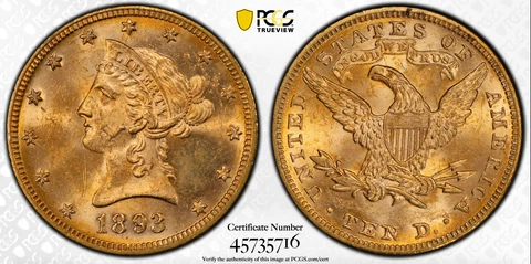 1893 PCGS MS63 $10 Gold Liberty Eagle Incredible Luster Cover