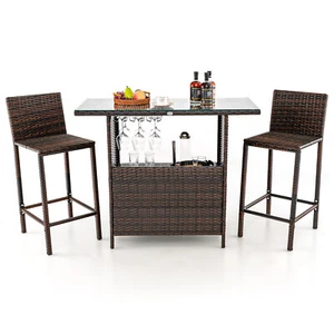 Patio 3PCS Wicker Bar Set Height Table Two Stools W/3 Rows Stemware Racks Garden - Picture 1 of 11