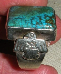 VINTAGE NAVAJO TURQUOISE THUNDERBIRD ON SIDES STERLING SILVER RING SIZE 10 vafo - Picture 1 of 9
