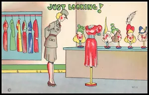 Women's Army Corps WAC, "Just Looking!" Hats, Dresses WC10  Humor Linen Postcard - Picture 1 of 2